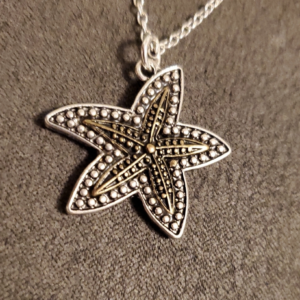 Silver Tone Starfish Pendant Necklace – Marcasite Style Coastal Beach Jewelry - Picture 3 of 6
